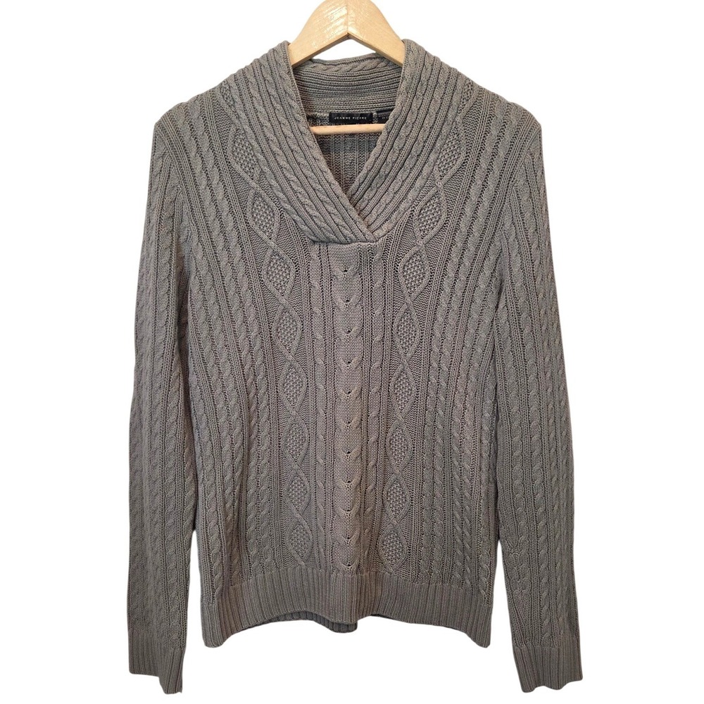 Jeanne Pierre Sweater Cotton Cable Knit Shawl Neck Fisherman Gray Preppy Large